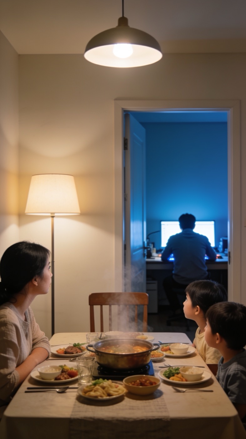 A parent finishing work at a laptop while family shares dinner