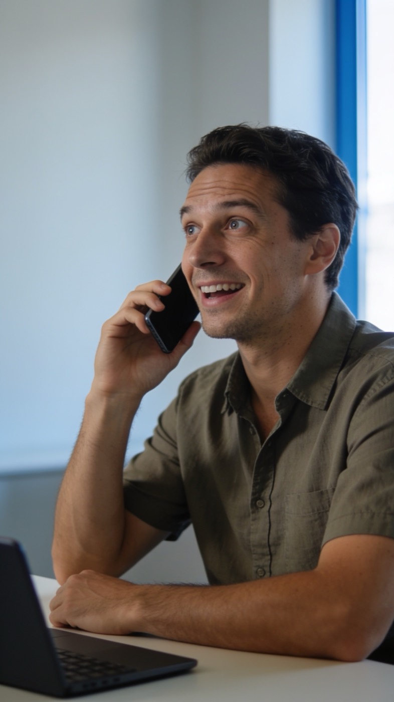 A man smiling as he takes a phone call