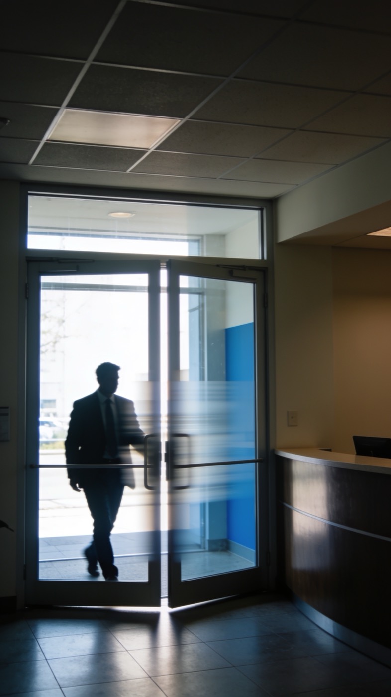 A returning customer walking out through a glass door