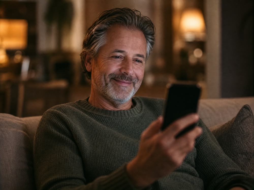 A viewer smiling warmly at his phone, watching the business owner speak to him