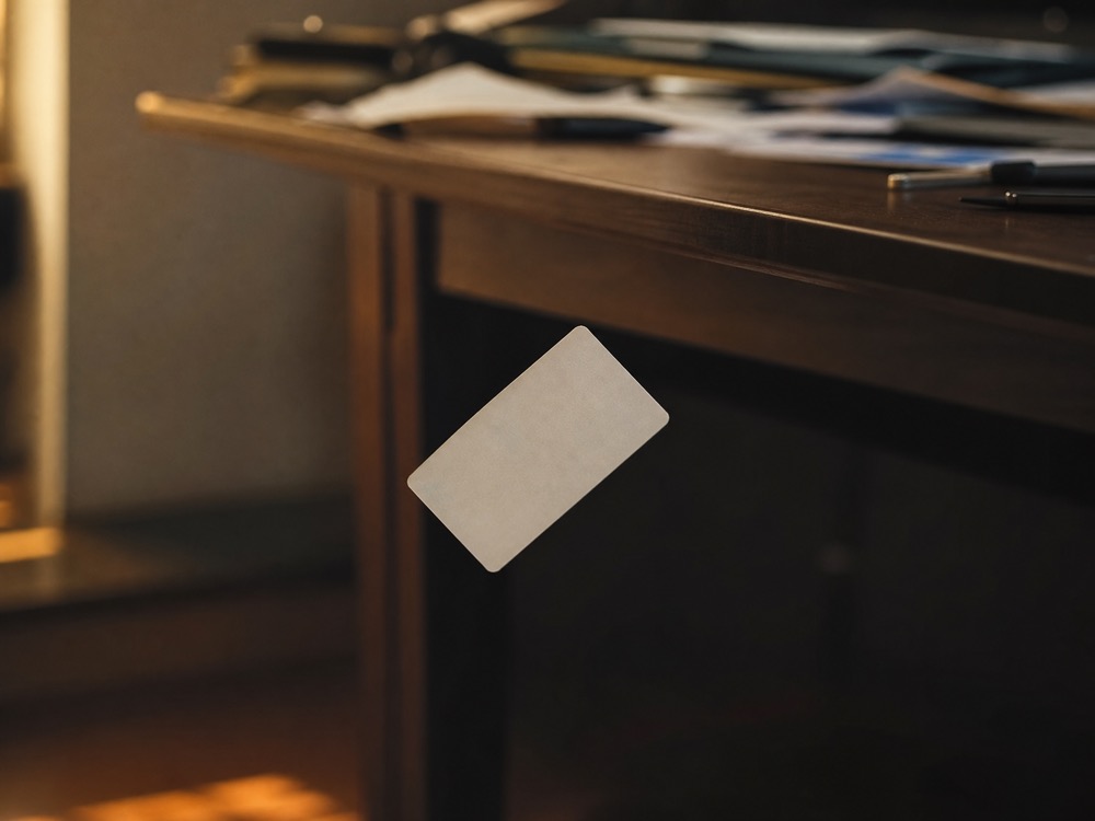 A business card sliding off the desk toward the floor