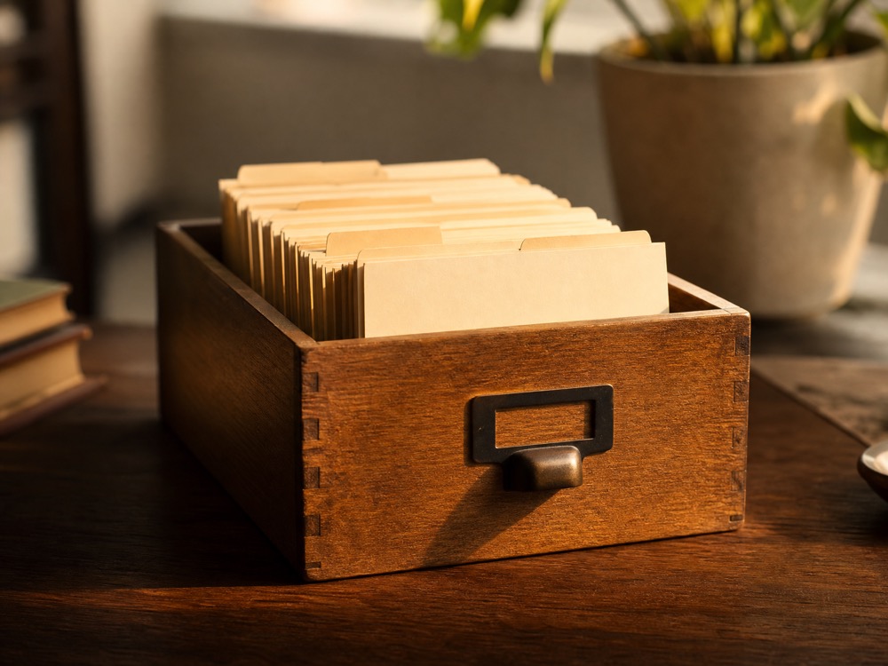 One neat card-file box on a clean, calm desk