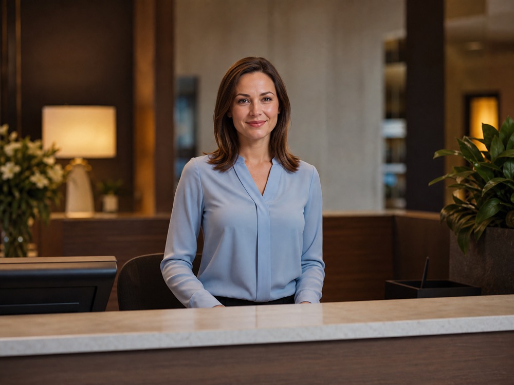 A calm, orderly front desk with one confident receptionist