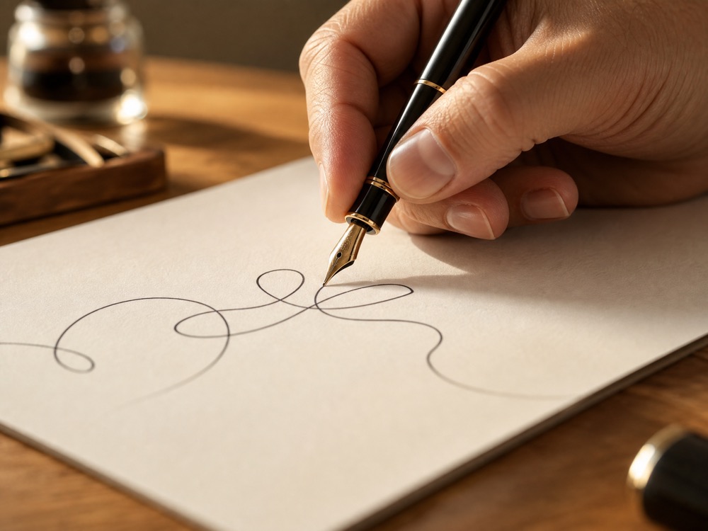 A steady hand writing in one smooth, unbroken stroke