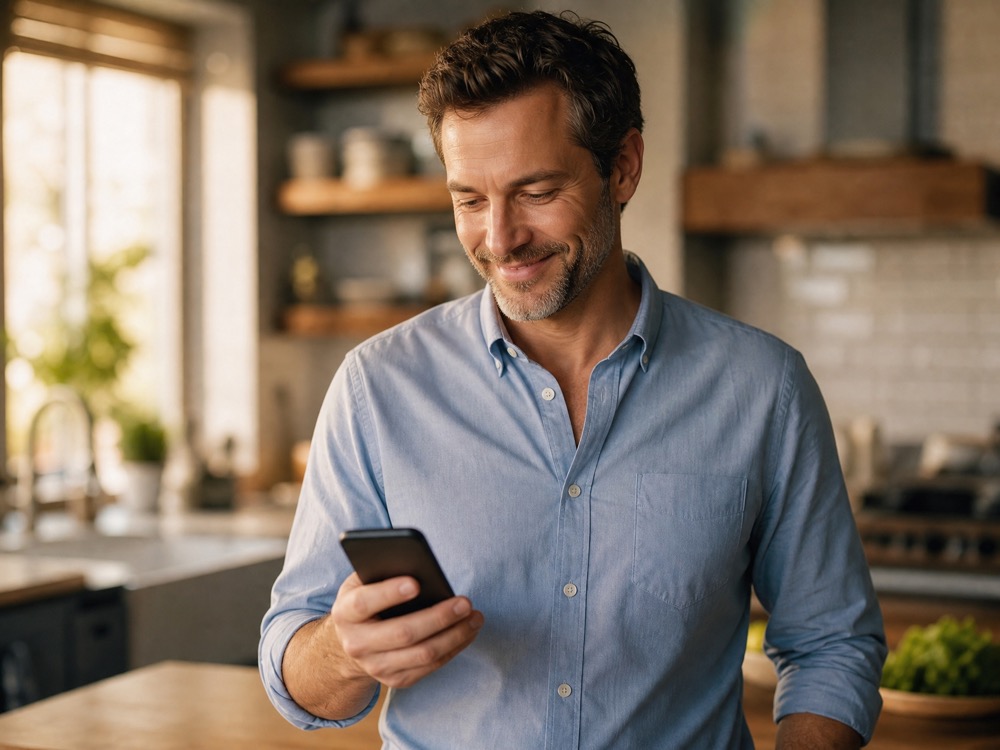 A customer smiling at his phone, instantly recognizing the tone