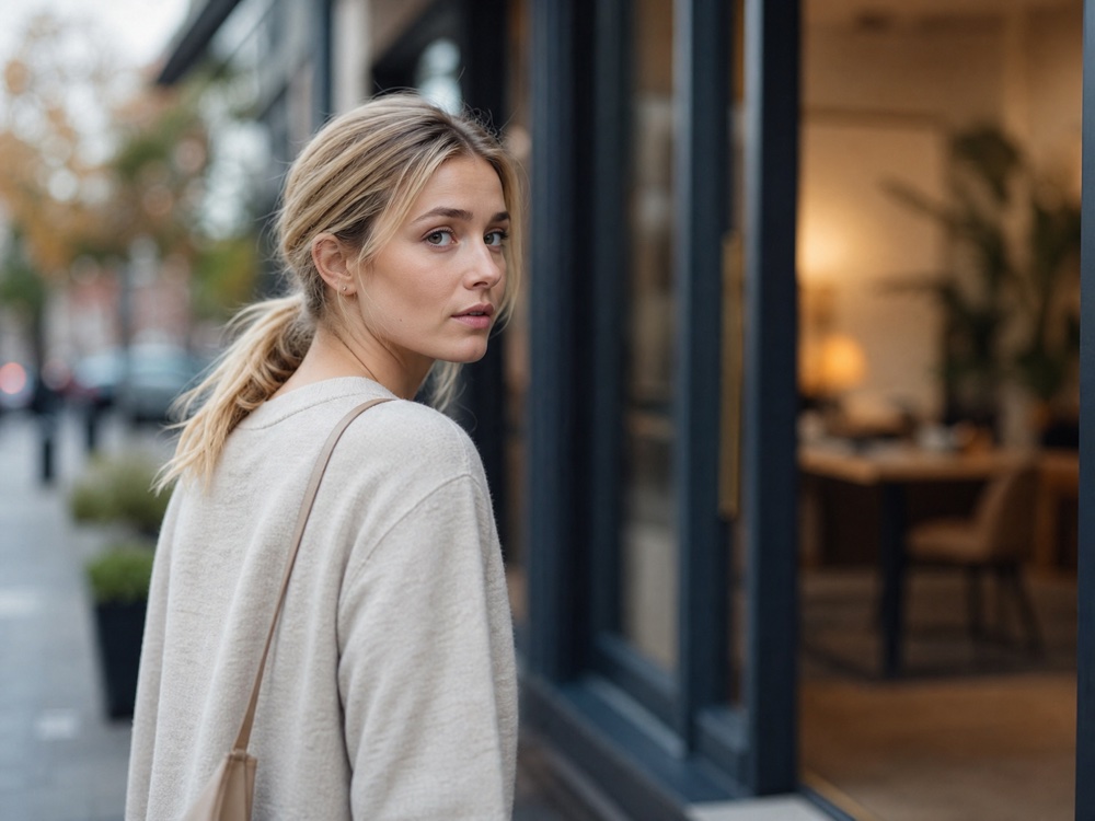 A first-time customer glancing back once over her shoulder as she leaves