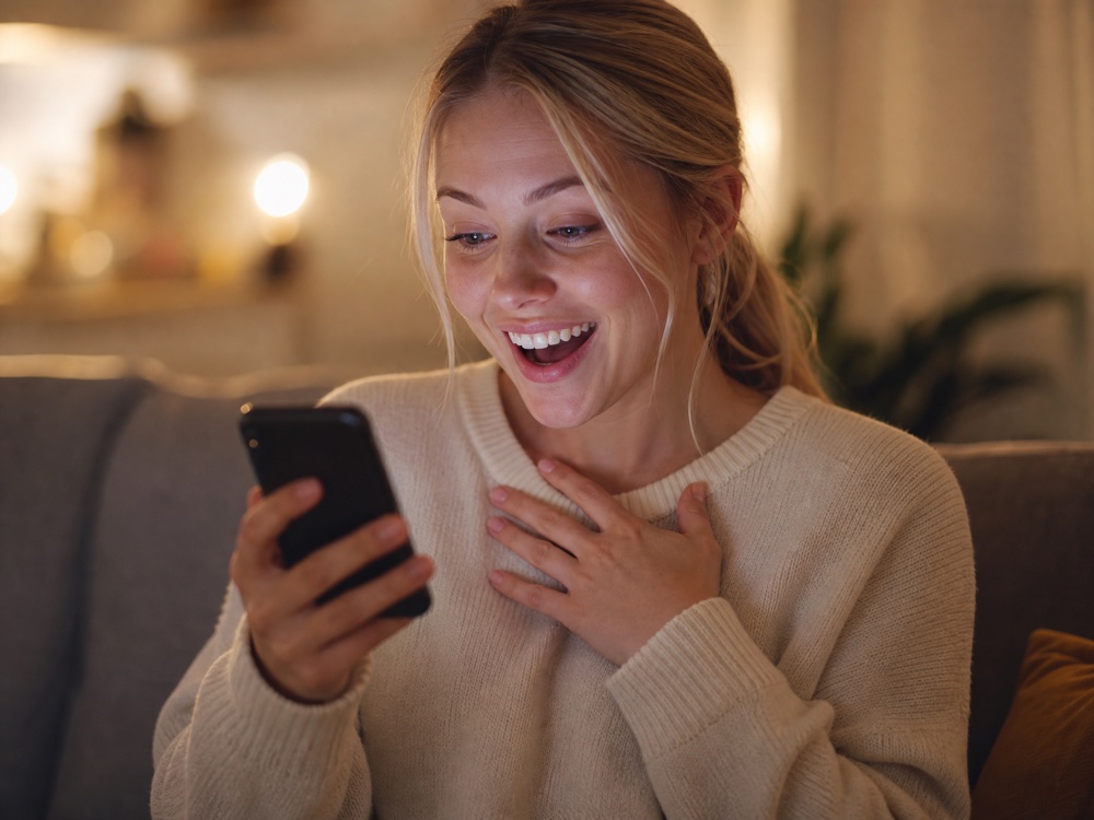 A first-time customer breaking into a surprised, happy smile