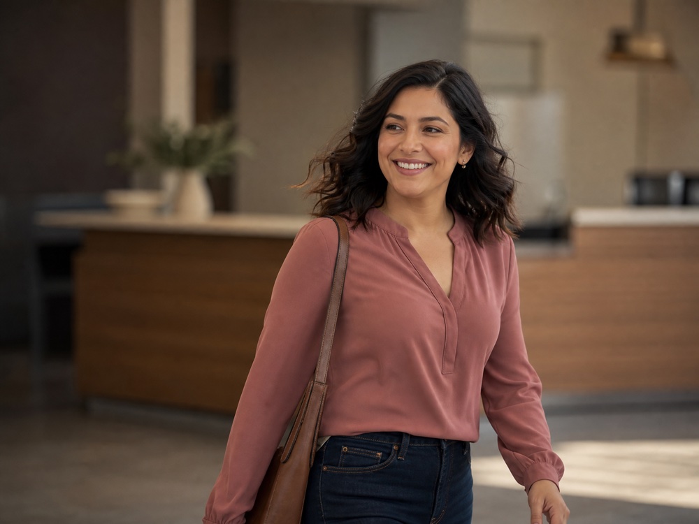 A satisfied customer walking away with a genuine smile