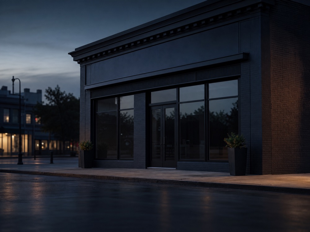 A dark, unlit storefront at dusk, closed-feeling and empty