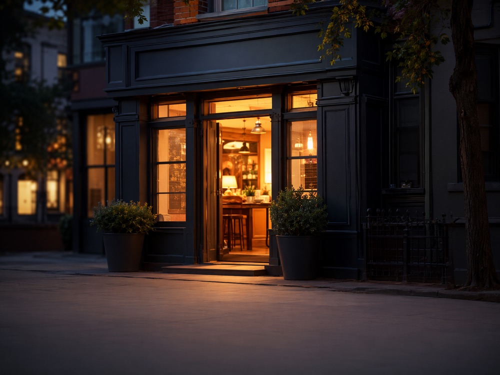The same storefront now warm and lit, door open