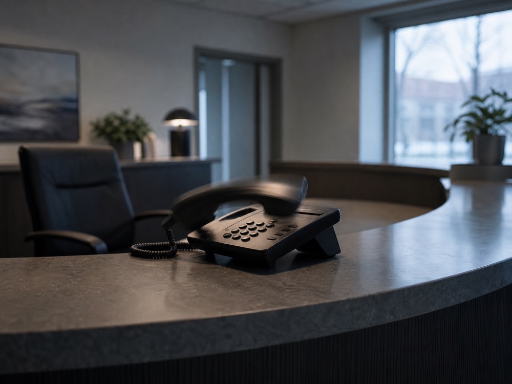 A desk phone ringing alone on an empty reception desk
