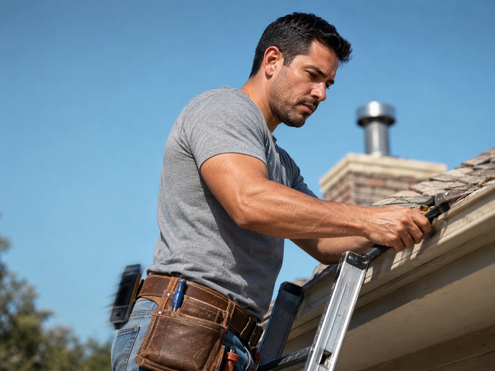 A business owner up a ladder mid-job, phone buzzing unanswered in his pocket