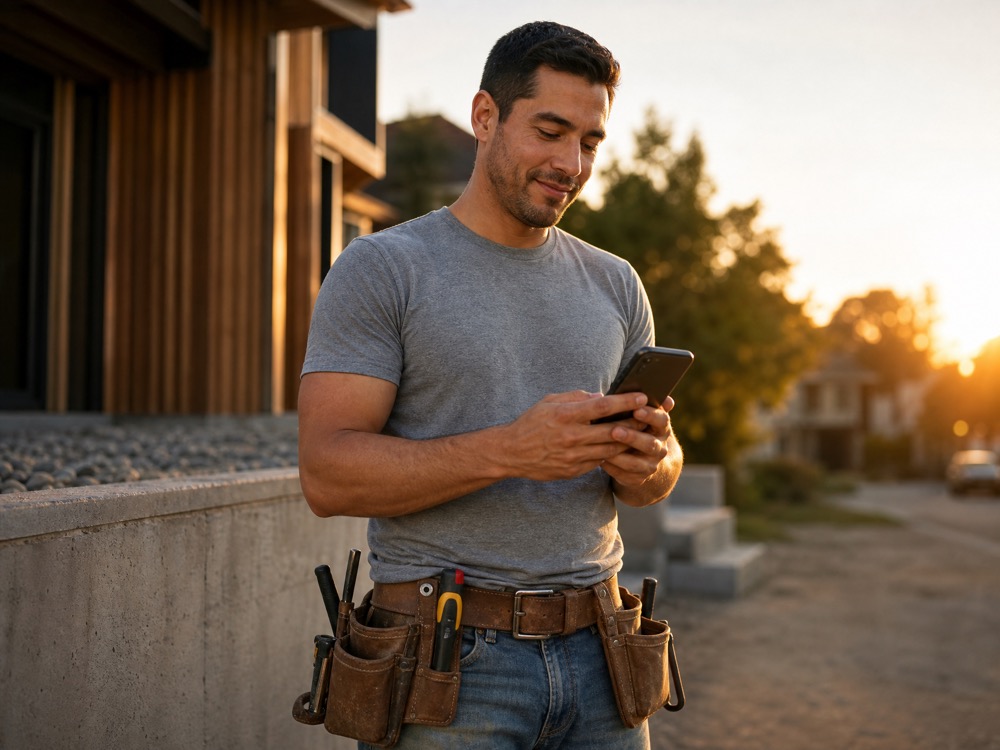 The owner relaxed at day's end, glancing at his phone with a satisfied smile