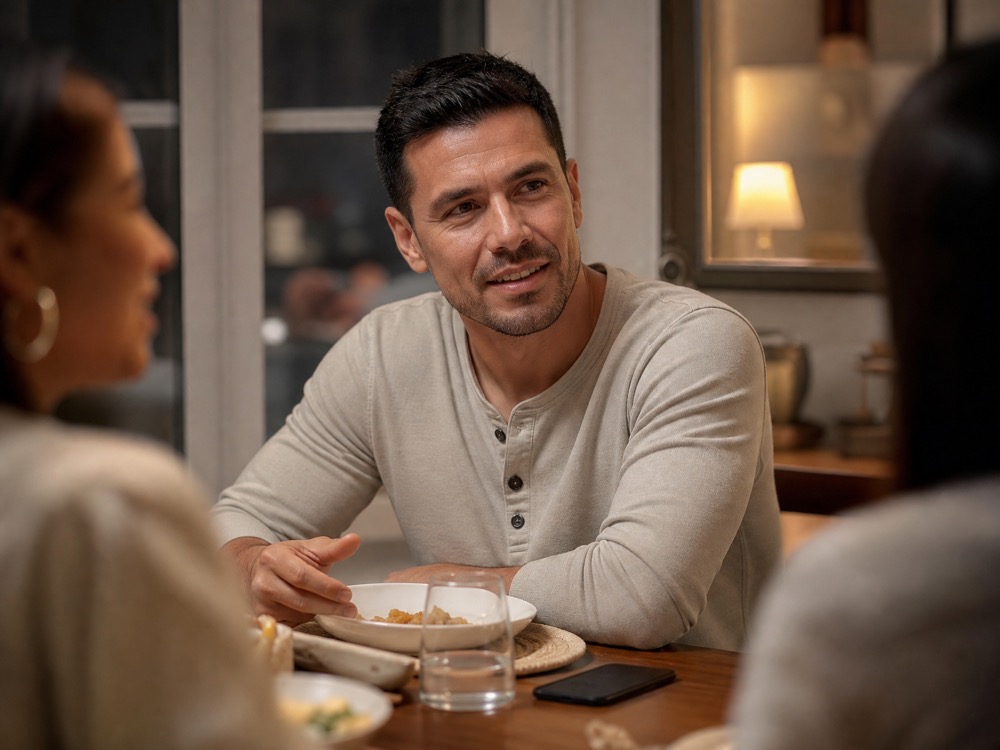 The owner at dinner with family, phone face-down and untouched